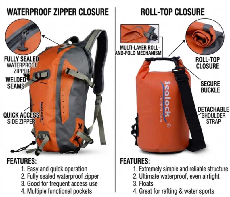 Rolltop vs. wasserdichte Campingtaschen mit Reißverschluss für OEM-Projekte